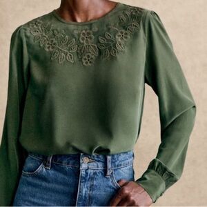 NWOT Sezane Carlotine Silk Blouse in Dark Green